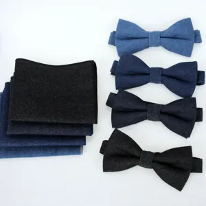 Denim bowtie and pocket square set for men, casual fashion accessories for suits and wedding parties.