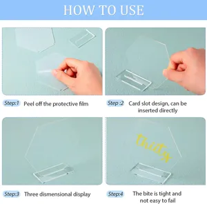 Clear acrylic hexagon place cards with sturdy base slots for DIY wedding party table decor.
