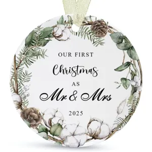 Wooden round Christmas ornament 2025 for newlywed couple, tree hanging decor with wreath.