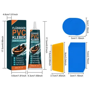 Detailansicht des flüssigen PVC-Kleber-Kits mit Tube, Flicken, Schaber und genauen Maßen.