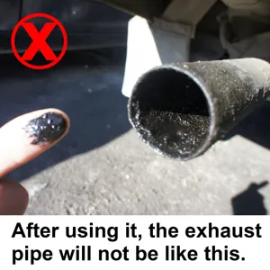 Car exhaust pipe cleaner detail view showing carbon deposit removal and cleaning effect.