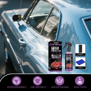 Rayhong 3 in 1 auto coating spray gedetailleerd overzicht met fles, doos, spons en doek.