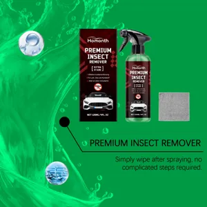 Kit spray rimuovi insetti auto Homorth 120ml con panno di pulizia per vetri e carrozzeria.