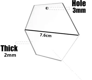 Transparent acrylic hexagonal blank ornament detail showing 7.6cm size and 3mm hole specs.
