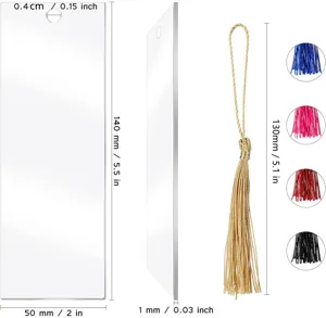Transparent clear blank acrylic bookmark with colorful tassels, DIY rectangle book page markers.