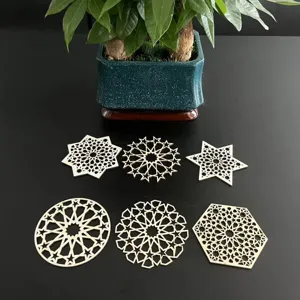 Wooden hollow carved coasters set, geometric multi-shape table mats for home and coffee cups.