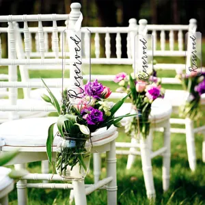 Letreros de acrílico transparente para sillas de boda con cintas, etiquetas colgantes.