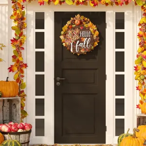 Wooden autumn fall front door hanging sign with maple leaf wreath and pumpkins detail view