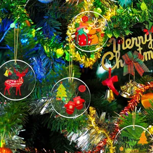 Transparent acrylic Christmas tree ornaments with golden cords, DIY holiday hanging decorations.
