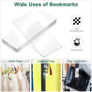 Clear acrylic bookmark detail and multi-scene usage showing transparent DIY hanging tags clearly.