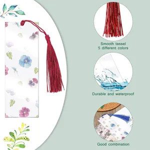 Clear acrylic bookmark set with vibrant colorful tassels, DIY waterproof page markers for reading.