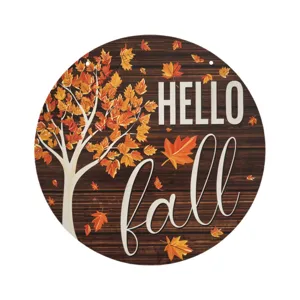 Wooden autumn hanging sign for front door decoration, round rustic maple tree sign with fall text.