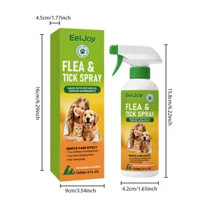 Vista detallada del spray antipulgas y garrapatas para mascotas EelJoy con dimensiones.