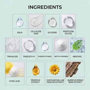 Image de détail des ingrédients du gel dentaire pour animaux avec extraits naturels.