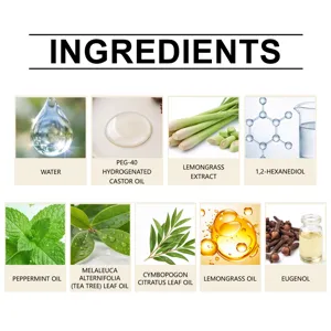 Tabla detallada de ingredientes del spray antipulgas para mascotas con extractos botánicos.