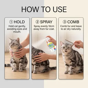 Cat flea and tick spray usage detail showing gentle holding, spraying, and combing process.