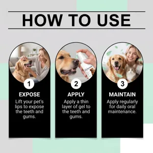 Image détaillée d'utilisation du gel dentaire pour animaux montrant les étapes pour chats et chiens.