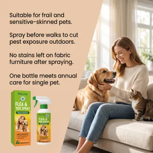 Vista detallada del frasco de spray antipulgas para mascotas con fórmula botánica para el cuidado.