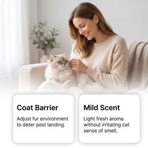 Cat flea tick spray detail view, gentle formula for pet fur care and refreshing protection.