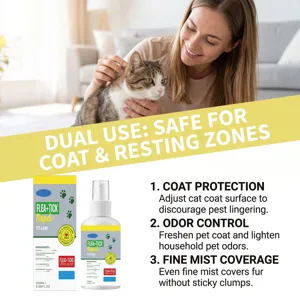 Cat flea and tick repellant spray detail showing coat protection and fine mist coverage features.
