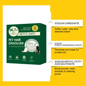 Pet hair dissolver cleaning tablets for washing machines, removes fur and cleans drums.