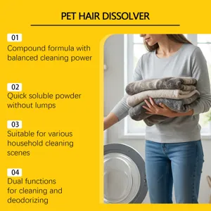 Pet hair dissolver powder for washing machine, deep cleaning and household laundry care.