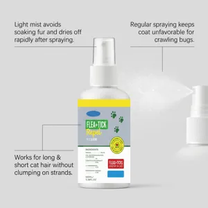 Cat flea tick spray detail view, natural herbal repellent, 100ml portable pet grooming liquid.