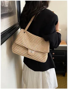 Bolso de hombro de paja a rayas para mujer, elegante bolso de verano tejido chic.