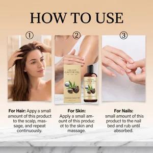 Guide d'utilisation d'huile de ricin bio pour les cheveux, la peau et les ongles.