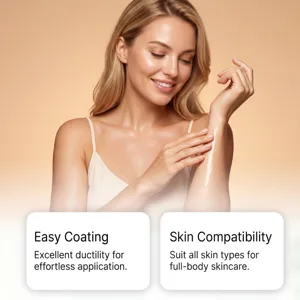 Vue détaillée de l'application d'huile de ricin pour le corps, hydratante et facile.