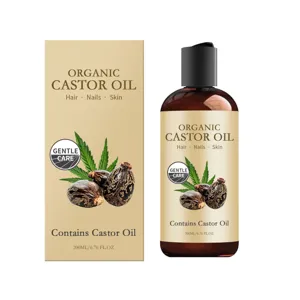 Huile de ricin bio pour cheveux, ongles et peau. Formule douce, flacon 200ml avec boîte.