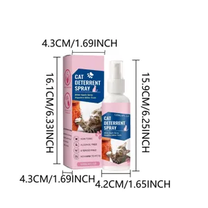Detailed view of cat deterrent spray bottle with dimensions, bitter apple formula for training.