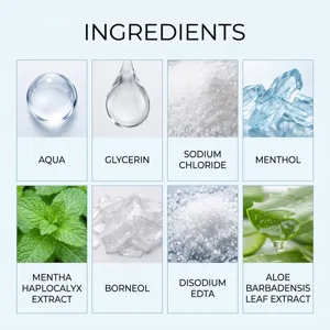 Pet ear cleaner natural ingredients chart displaying aqua glycerin and botanical extracts details.