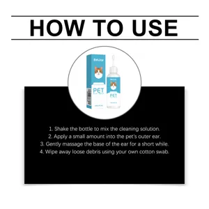 Step-by-step instruction guide for pet ear wash solution, showing how to clean cat and dog ears.