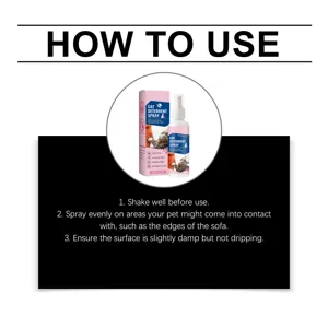 Cat deterrent spray product detail view showing step-by-step usage instructions for pets.