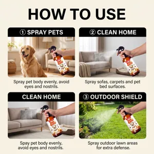Detalle del spray repelente de pulgas y garrapatas para mascotas YEGBONG de uso seguro.