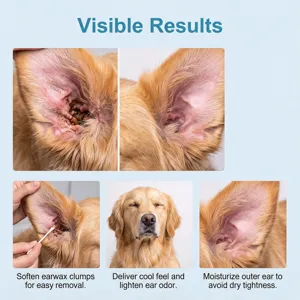 Pet ear cleaning detail showing earwax removal, soothing care and odor reduction for healthy ears.