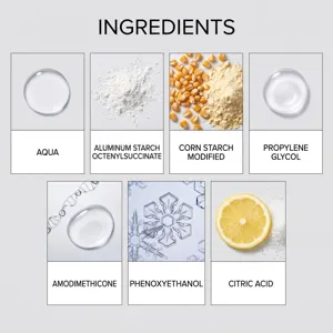 Infografía detallada de ingredientes que muestra componentes clave como agua y almidón.