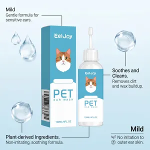Detail view of EelJoy pet ear wash bottle and packaging with gentle formula highlights.