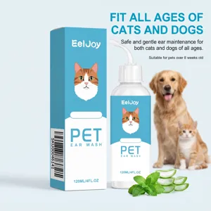 Detailed view of the pet ear wash bottle and box with gentle formula for cats and dogs.