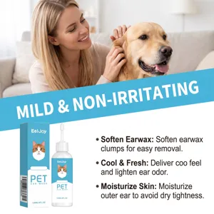 EelJoy pet ear wash detail showcasing formula benefits like softening earwax and freshening.
