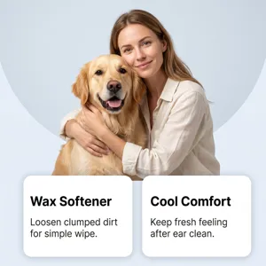 Pet ear cleaner for dogs and cats, loosens clumped dirt and wax for gentle cleaning.