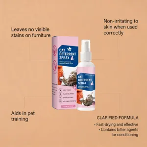 Cat deterrent spray detail view with bitter apple formula, safe furniture protection and training.