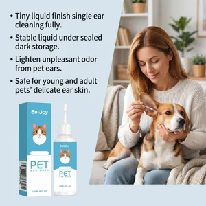 Pet ear wash detail showing 120ml bottle, packaging box, and safe cleaning scene with dog.