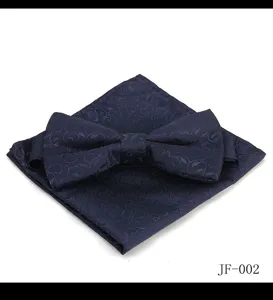 Ensemble nœud papillon et pochette paisley bleu foncé pour homme, vue rapprochée du tissu.