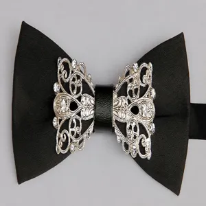 Men's black rhinestone filigree bow tie detail for wedding banquet and formal wear.