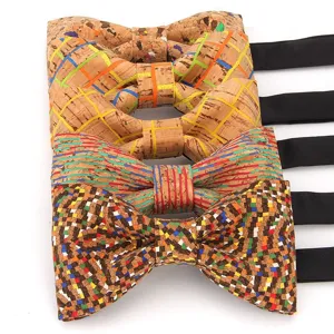 Close-up view of stylish cork bow ties featuring colorful geometric patterns for detail display.
