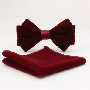 Wine red velvet bow tie and pocket square detail shot, premium wedding groom accessory.