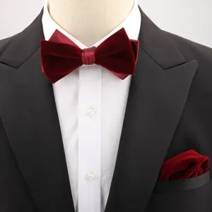 Details of men's burgundy velvet bow tie and pocket square set, elegant wedding suit accessory.