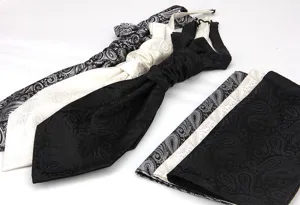 Men paisley jacquard ascot tie and pocket square set for formal evening suit detail view.
